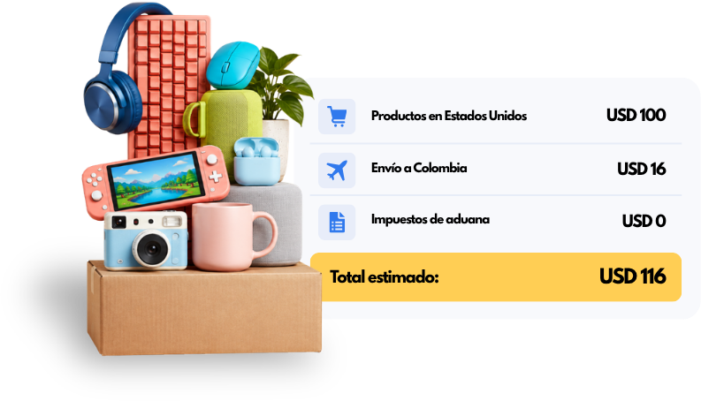 Productos de Estados Unidos y ejemplo de costos: productos USD 100, envío a Colombia USD 16, impuestos USD 0, total estimado USD 116